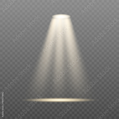 Soft stage lights casting beams across transparent background. Glowing effects create dramatic composition. Suitable for theater, concerts, or studio renders.