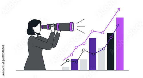 Businesswoman looks through telescope towards rising financial chart representation