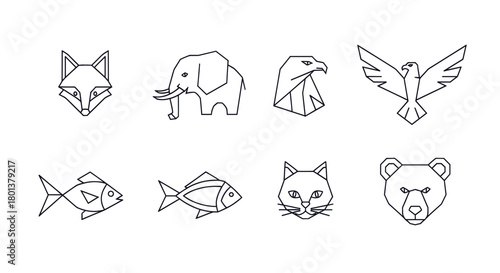 A collection of minimalist animal icons, including a fox, elephant, eagle, fish, cat, and bear, all rendered in a simple, geometric style with clean lines.