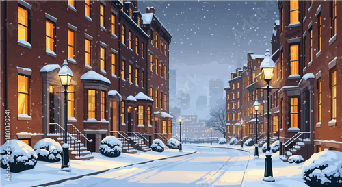 A captivating digital painting depicts a serene winter night in a charming city street. Snow-covered brownstone buildings with warmly lit windows line the quiet road, illuminated by classic street lam