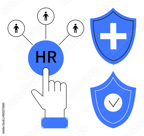 Hand pointing to HR, connecting employee figures, and shields with a cross and checkmark. Ideal for HR, recruitment, safety, healthcare, team building compliance security. Simple flat metaphor