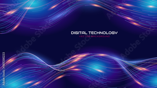 Colorful Digital Data Wave With Glowing Dots on Dark Background. Futuristic Technology, AI Flow, or Network Visualization. Vector Illustration.