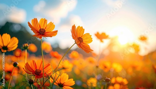 A sun-drenched field of orange cosmos flowers in full bloom, with the golden sun setting or rising in the background.