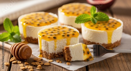 Four individual passion fruit cheesecakes with a crumb base, topped with passion fruit pulp and seeds, garnished with mint leaves