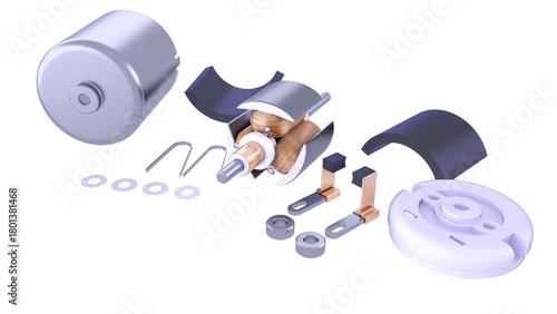 Complete Disassembly DC Electric Motor. Parts rotor, stator, winding, commutator, bearing, shaft. 3D rendering isolated on white background. Ideal for educational, engineering design