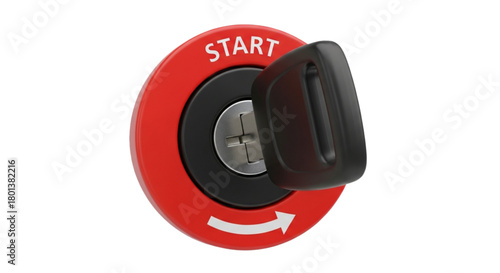 Red car ignition switch with key inserted, isolated on transparent background.