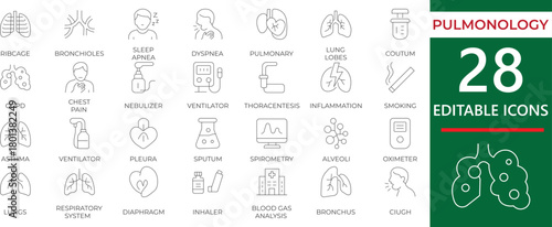 Minimal clean line-style pulmonology icon set featuring lung care, respiratory system, diagnosis, and medical treatment visuals.