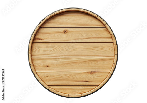 Top view of a round oak wood barrel head isolated on transparent background.