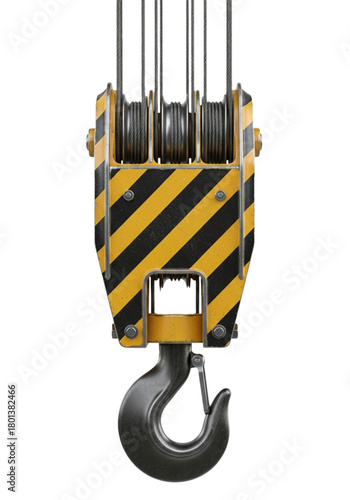 Heavy industrial crane hook and pulley block, isolated on transparent background.