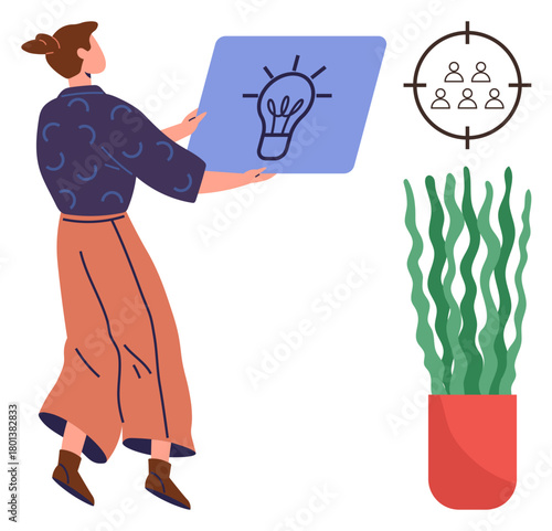 Woman holding a board with a lightbulb icon, group target symbol, and a potted plant. Ideal for creativity, brainstorming, teamwork, innovation, focus strategy and office culture. Simple flat