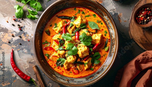 A vibrant and appetizing close-up of a flavorful tofu curry served in a rustic bowl, garnished with fresh cilantro and red chili peppers.