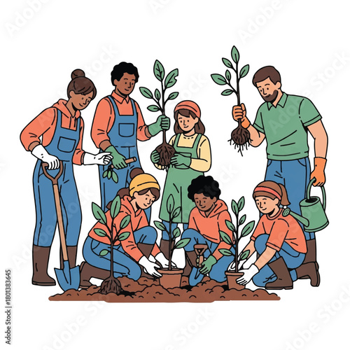Group of diverse people planting saplings together in a community garden, promoting environmental stewardship.