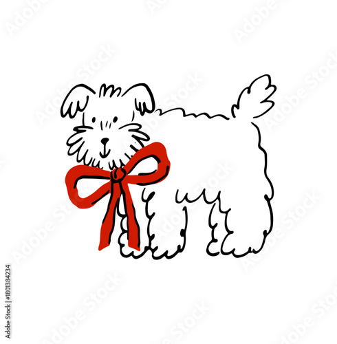 Cute Dog With elegant ribbon and bow. Pet Sketch illustration in a playful doodle style. Valentine's Day print - vector clipart. Whimsical romantic print