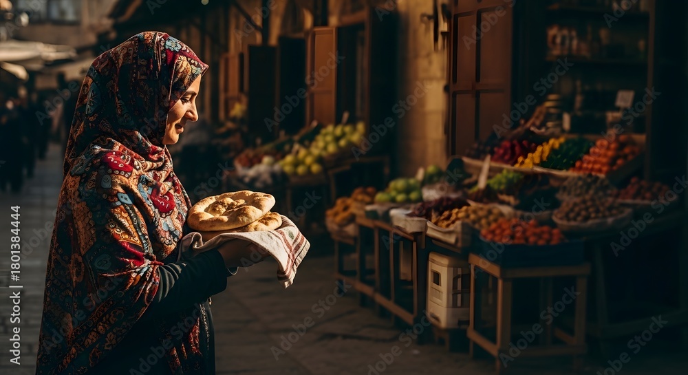 custom made wallpaper toronto digitalA woman wearing a colorful headscarf shopping for fresh fruits at an outdoor market during the evening