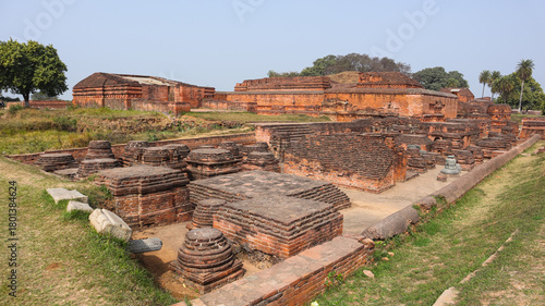India, Bihar, Rajgir, View of Ancient Ruins of Worlds Oldest Nalanda University, The Red Brick Monuments With Ruin Buddha Vihara's Around Campus.