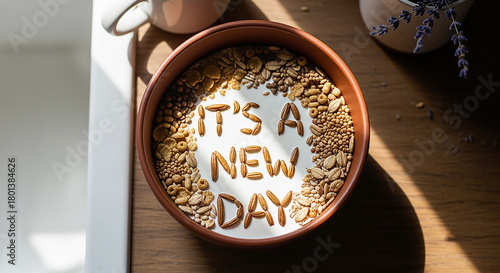 It's a new day written in oatmeal letters in a glass of milk