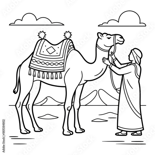 Decorated Camel Desert Illustration | Arabian Outline Art | Nomadic Landscape Vector style coloring page 
