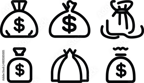 money bag silhouette style minimal icon set vector art illustration on a white background.
