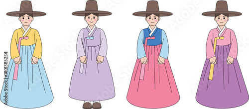 Traditional Korean hanbok woman illustration set featuring colorful cultural clothing, heritage fashion, folk costume design, perfect for education and artwork