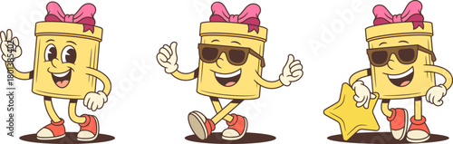 Three self-assured cartoon gift box characters mascot vector illustration set. Showing OK gesture with sunglasses thumbs up and gold star. Achievement poses for advertising promotion success theme
