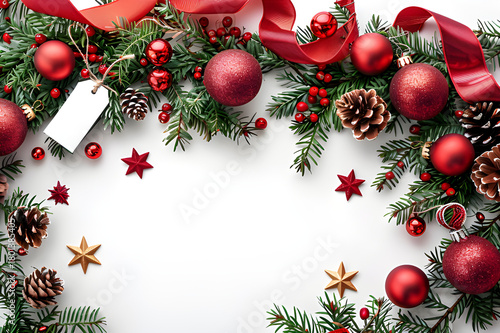 christmas decoration card frame with red ribbon band and fir tree branches isolated on white backgroun, festive Christmas  decorations made of pine branches, ribbons, pinecones, ornaments and star