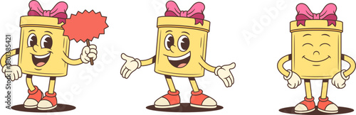 Three cartoon gift box characters mascot vector illustration set. Waving with sign blissful smile and content pose. Emotional range for advertising promotion satisfaction theme