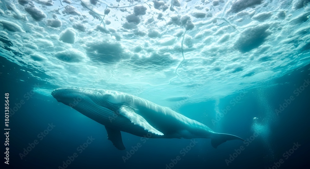 Fototapeta premium A majestic whale shark swimming gracefully beneath the ocean surface with sunlight filtering through the water