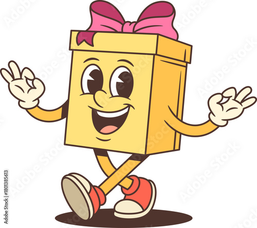 Cheerful cartoon gift box character mascot vector illustration. Yellow present makes OK hand gesture with confident smile. Perfect for approval messages and positive marketing campaigns
