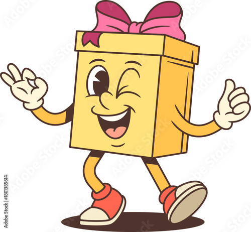 Cheerful cartoon gift box character mascot vector illustration. Yellow present with pink ribbon winks while making OK hand sign. Perfect for friendly promotions and positive campaigns