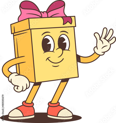 Cheerful cartoon gift box character mascot vector illustration. Waving hello with hand on hip and pink bow. Friendly design for advertising promotion welcome message. Joyful greeting concept
