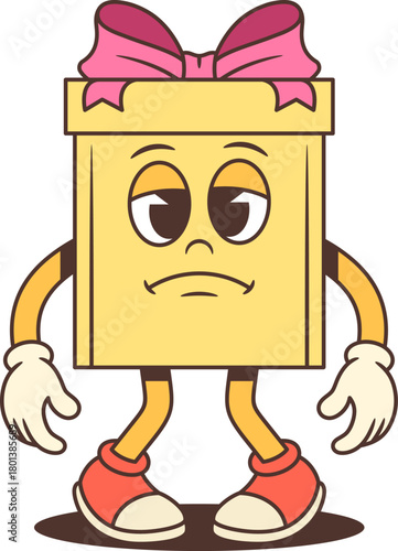 Expressive cartoon gift box character mascot vector illustration. Sad droopy eyes and downturned mouth with pink bow. Dejected pose for advertising emotional messaging. Melancholy disappointed concept