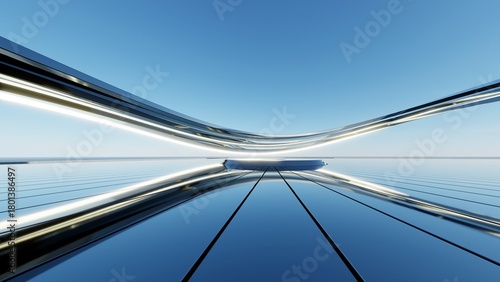 Fototapeta Naklejka Na Ścianę i Meble -  Abstract titanium and neon light architecture background, Curved geometry architectural, Car presentation with empty reflected floor, Metallic building, 3d rendering