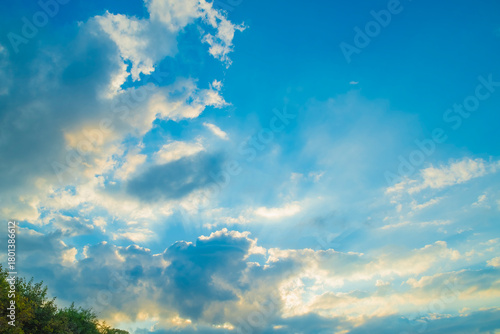 Bright sky at sunrise. Background with clouds in the blue sky and orange part below. Treetops.