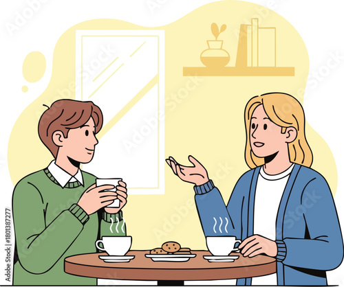 Two young adults sitting at a table with coffee and pastries engaged in conversation while one uses a smartphone in a casual indoor setting with aids.