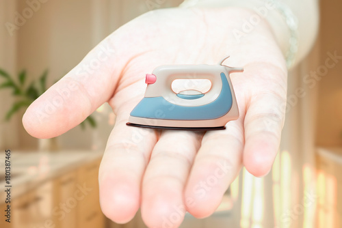 A miniature iron in the palm of a hand. A toy electrical appliance. Easy home appliance shopping.