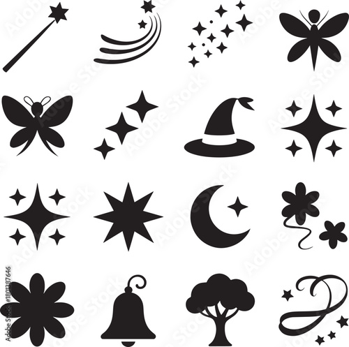 Set of magic and fairy tale icons simple black glyph design elements isolated on white background