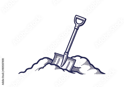 Shovel embedded in a snow mound, showcasing winter labor, with frosty textures and a serene atmosphere, representing seasonal challenges and outdoor work