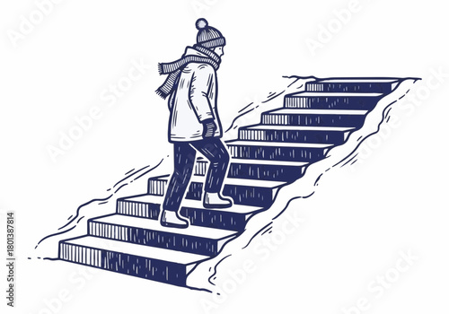 Person wearing winter clothing ascends snowy stairs, showcasing the beauty of winter landscapes and the challenges of navigating icy paths in cold weather