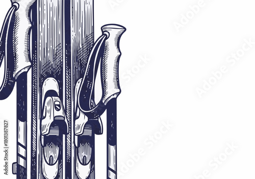 Ski equipment with poles and bindings, showcasing intricate details and textures, ideal for winter sports enthusiasts and showcasing winter adventure concepts with copy space