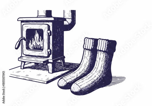 Cozy winter scene featuring a wood stove with flames, warm knitted socks placed nearby, creating a comforting atmosphere for relaxation and warmth during cold days