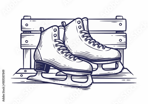 Ice skates resting on a wooden bench, showcasing intricate details and textures, embodying the essence of winter sports and leisure activities in a serene outdoor setting