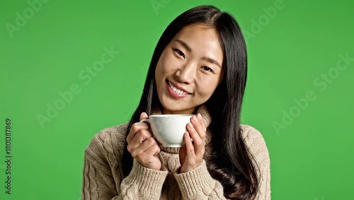 Young Asian woman smiling and holding a cup of hot drink on a green screen.