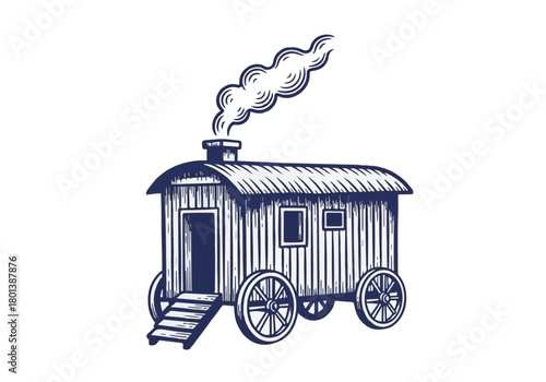 Vintage wooden cabin with chimney and smoke, featuring wheels and a rustic design, evokes a cozy winter atmosphere with a nostalgic feel and charm