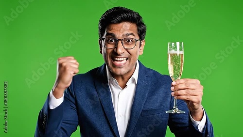 Excited Indian Man Celebrating Success with Champagne on Green Screen.