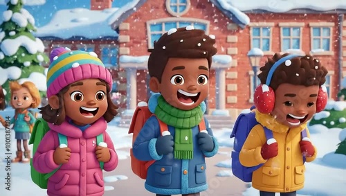 Three animated children playing in the snow outside a school building.