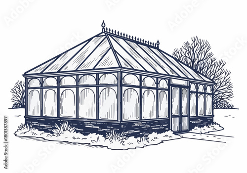 Winter greenhouse illustration showcasing a detailed structure with large glass panels, surrounded by bare trees and a serene landscape, evoking a tranquil seasonal atmosphere