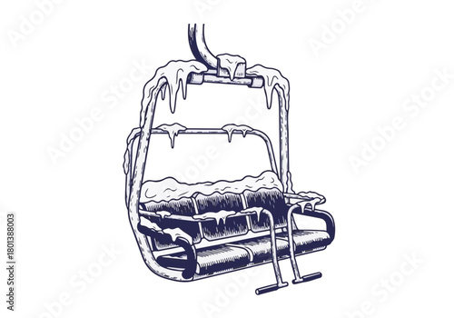 Snow-covered ski lift chair, adorned with icicles, suspended in a winter landscape, showcasing the beauty of a frosty environment and winter sports concept