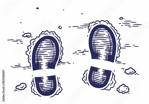 Winter footprints in snow, showing detailed impressions and surrounding snowflakes, creating a serene and tranquil winter landscape with a sense of exploration and adventure