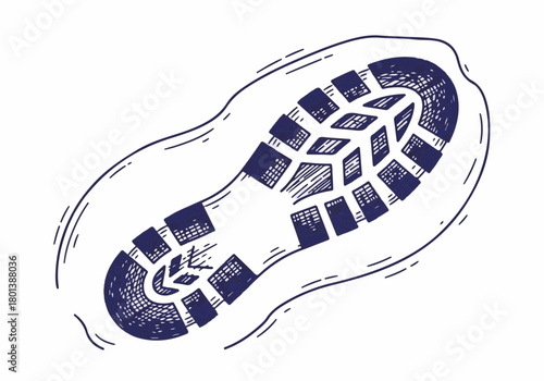 Winter boot print in snow, showcasing detailed tread pattern and surrounding snow texture, symbolizing outdoor adventure and exploration in cold weather