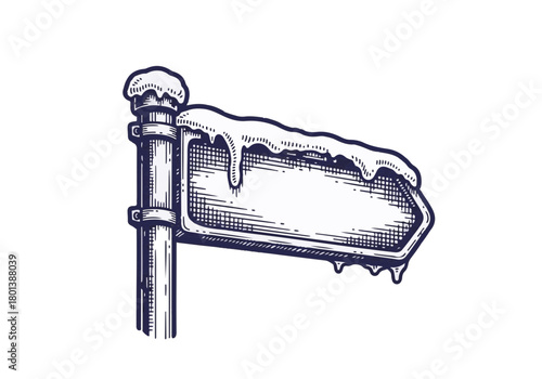Snow-covered wooden signpost with icicles hanging from the edges, surrounded by a winter landscape, conveying a sense of cold and seasonal beauty in nature